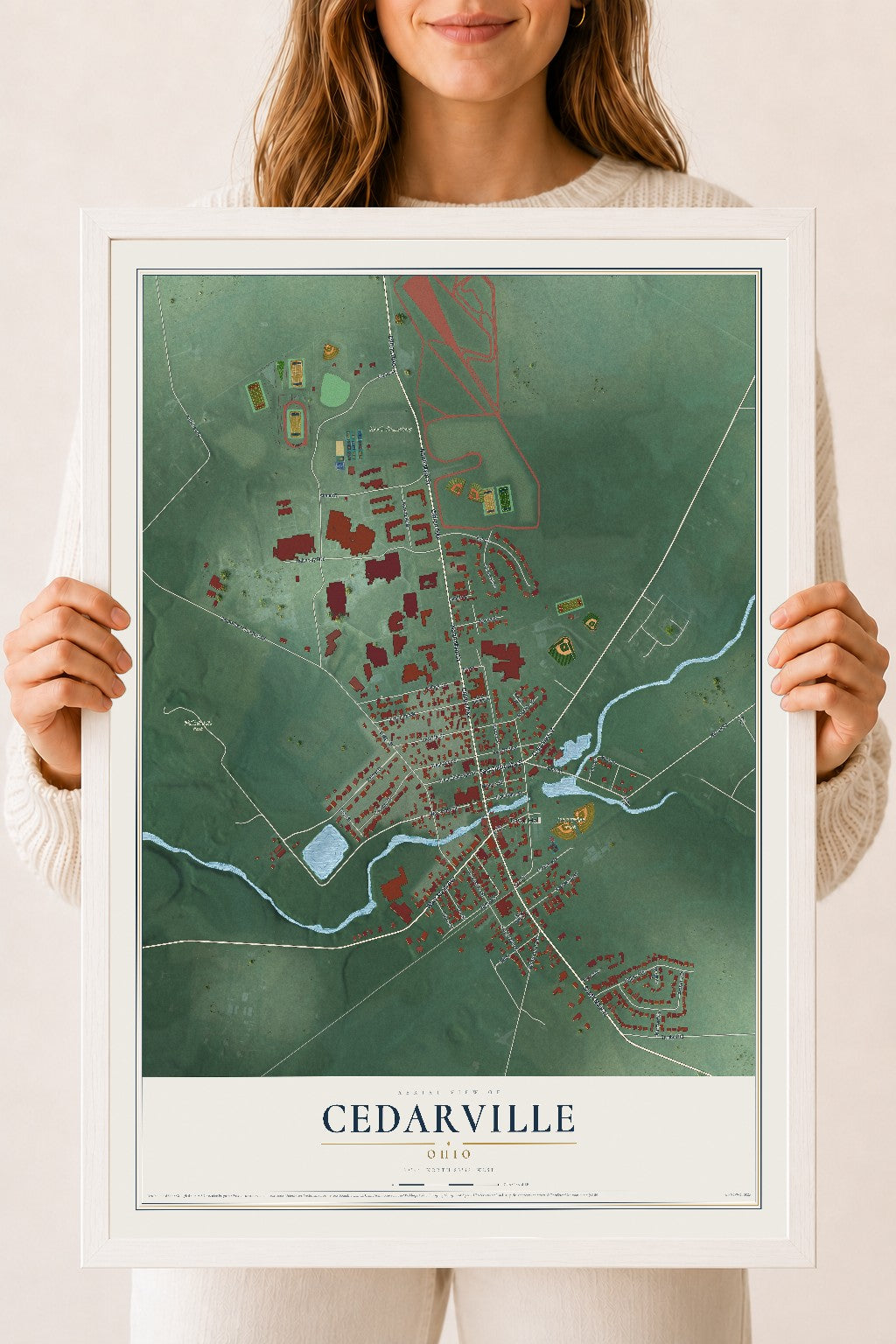 Map of Cedarville, Ohio, 18 x 24 inch print in a white wood frame