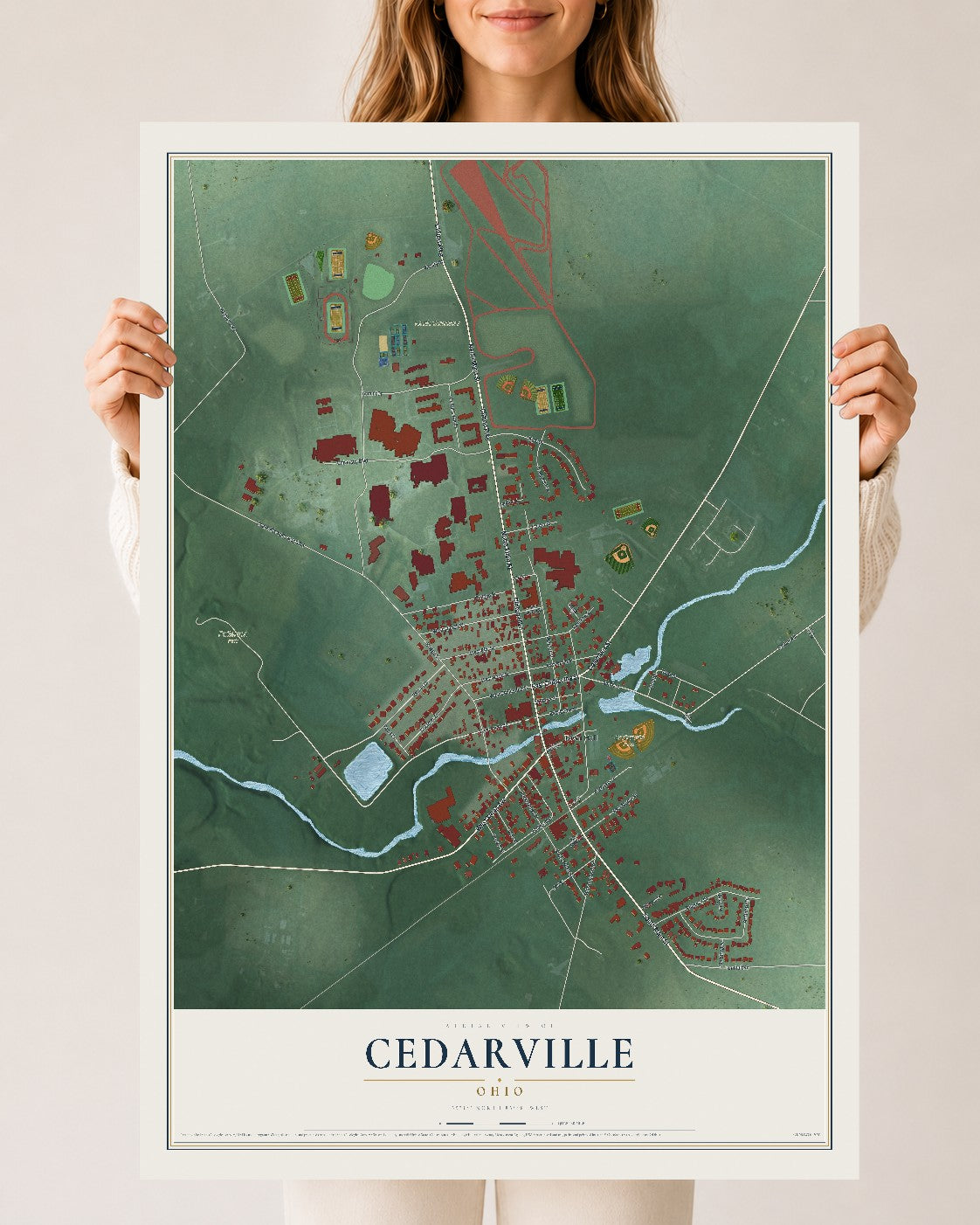 Map of Cedarville, Ohio, 24 x 36 inch unframed archival matte print