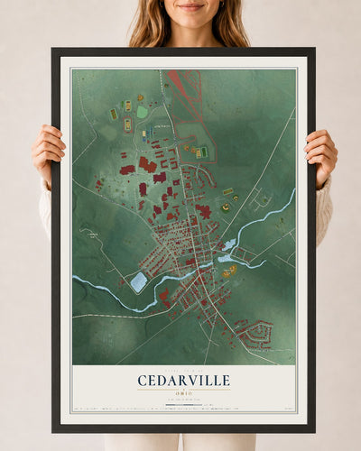 Map of Cedarville, Ohio, 24 x 36 inch print in a black wood frame