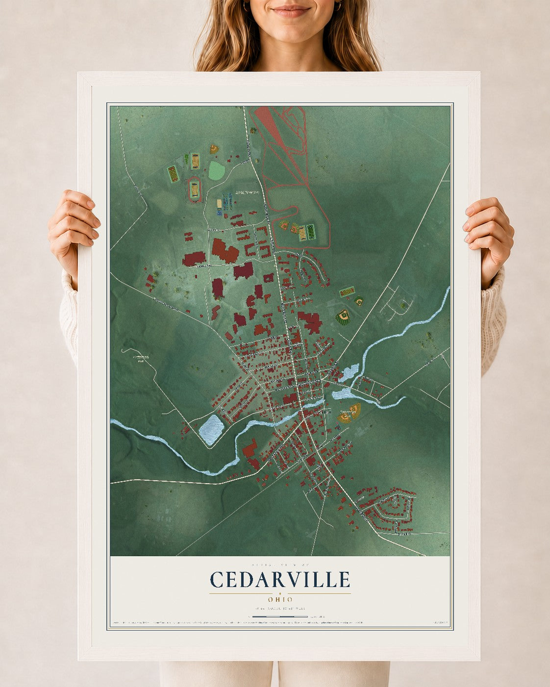 Map of Cedarville, Ohio, 24 x 36 inch print in a white wood frame