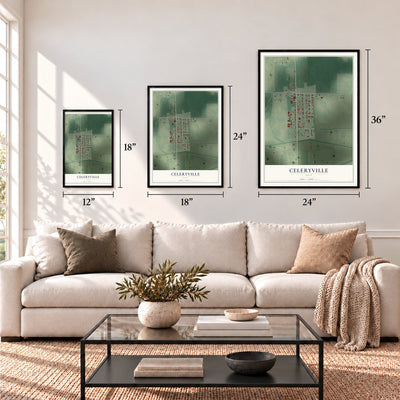 Celeryville, Ohio map in 12 x 18, 18 x 24 and 24 x 36 inch sizes above a sofa