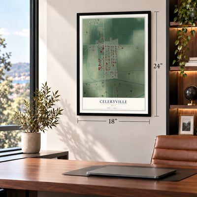 Celeryville, Ohio map, 18 x 24 inch print in a black frame in a home office