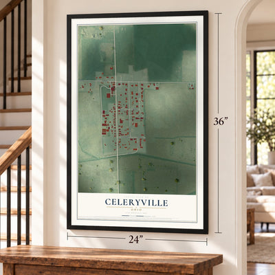 Celeryville, Ohio map, 24 x 36 inch print in a black frame by a staircase