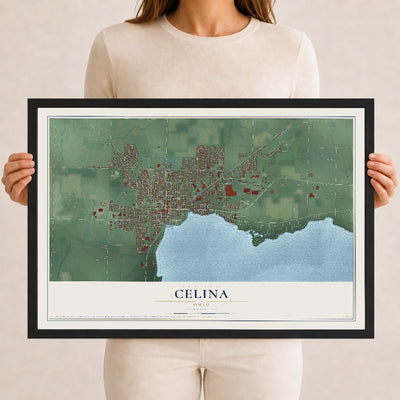 Map of Celina, Ohio, 12 x 18 inch print in a black wood frame