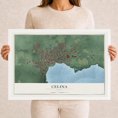 Map of Celina, Ohio, 12 x 18 inch print in a white wood frame