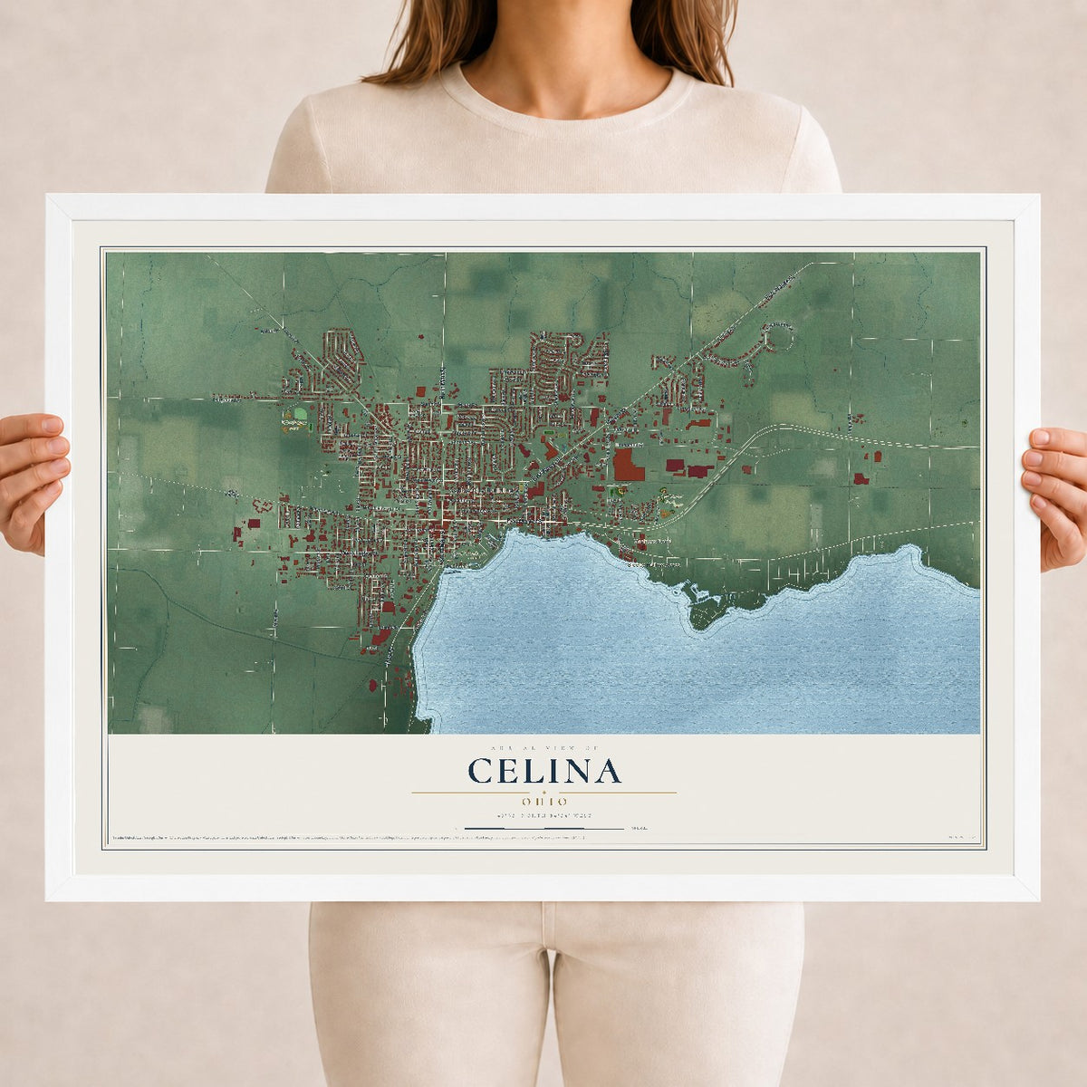 Map of Celina, Ohio, 18 x 24 inch print in a white wood frame