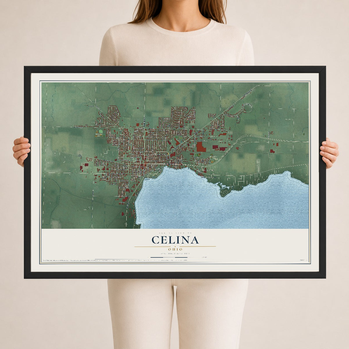 Map of Celina, Ohio, 24 x 36 inch print in a black wood frame