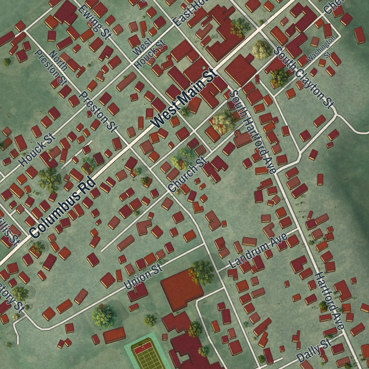 Close-up of the map of Centerburg, Ohio print showing street and building detail
