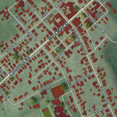 Close-up of the map of Centerburg, Ohio print showing street and building detail