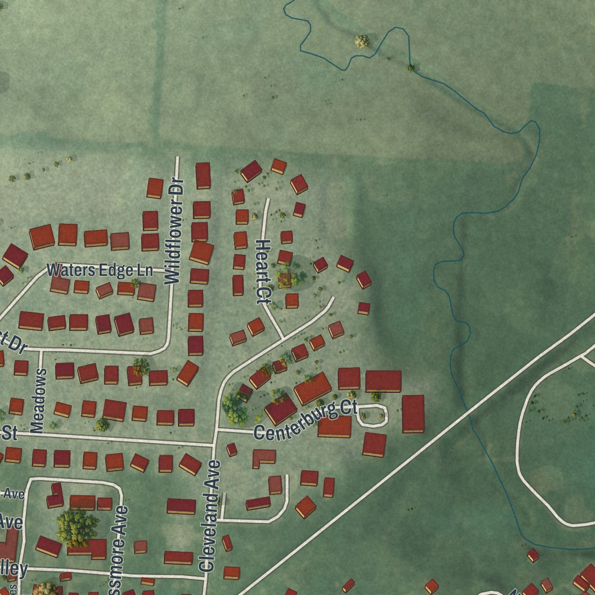 Second close-up of the map of Centerburg, Ohio print showing more streets and buildings