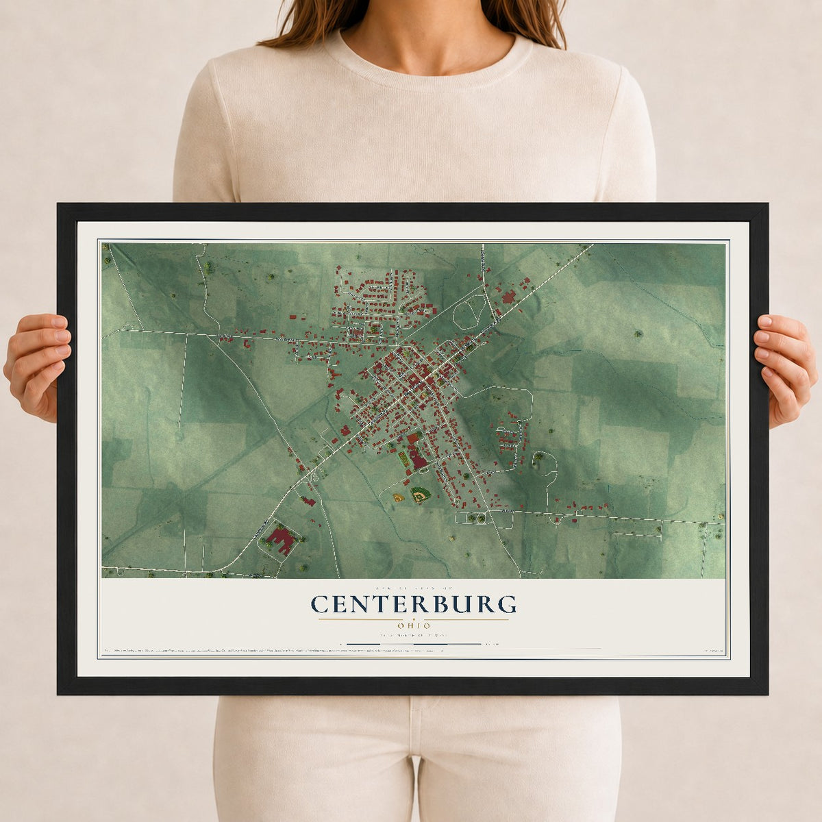 Map of Centerburg, Ohio, 12 x 18 inch print in a black wood frame