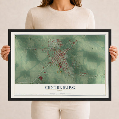 Map of Centerburg, Ohio, 12 x 18 inch print in a black wood frame