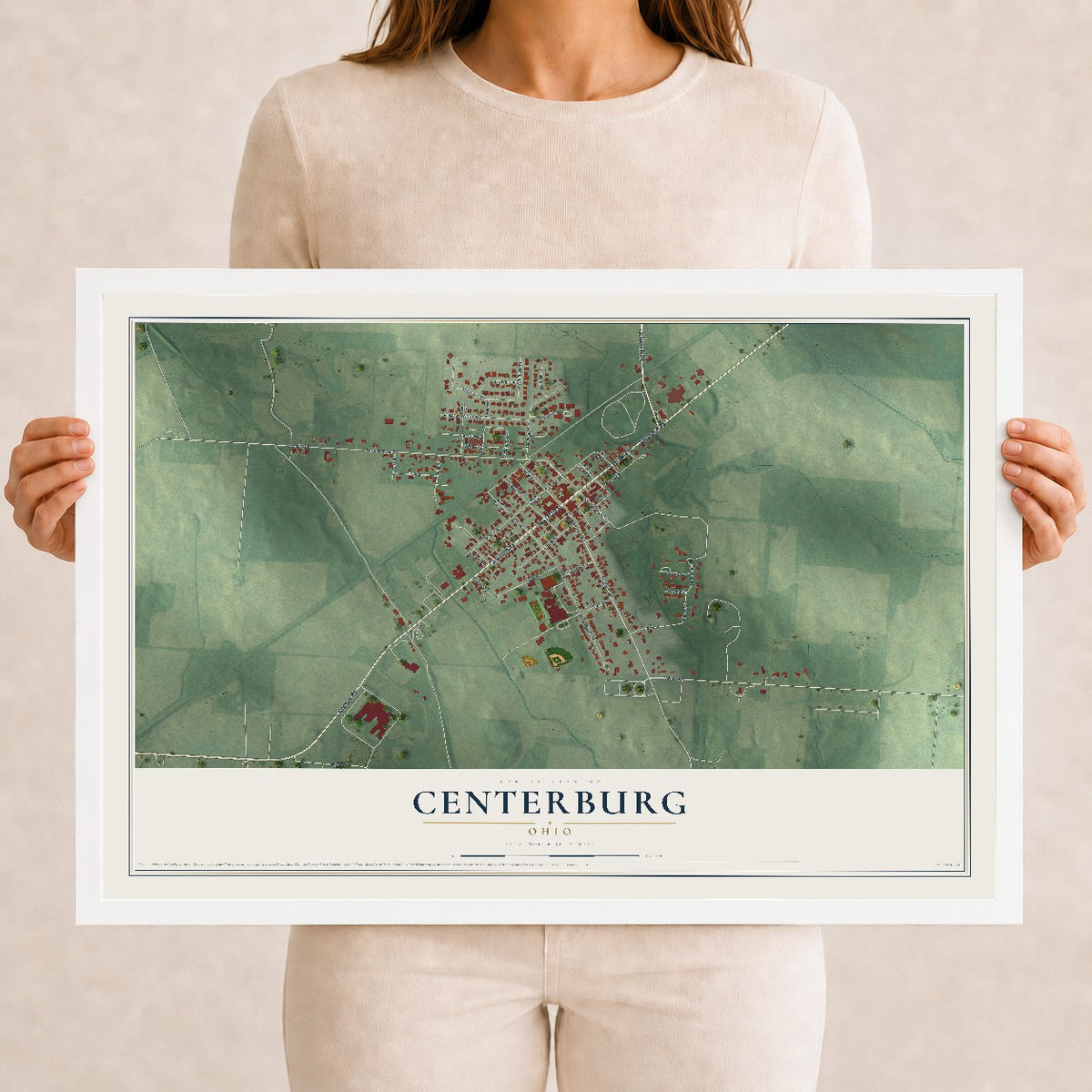 Map of Centerburg, Ohio, 12 x 18 inch print in a white wood frame