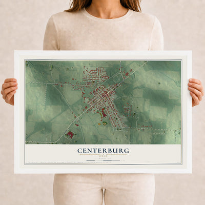 Map of Centerburg, Ohio, 12 x 18 inch print in a white wood frame
