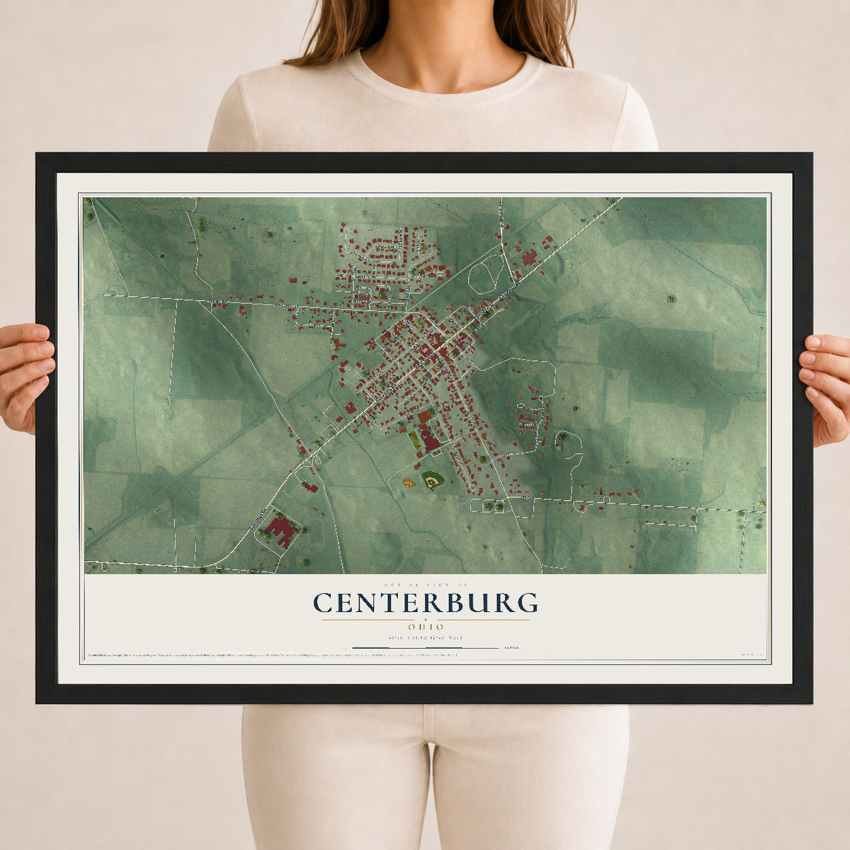 Map of Centerburg, Ohio, 18 x 24 inch print in a black wood frame