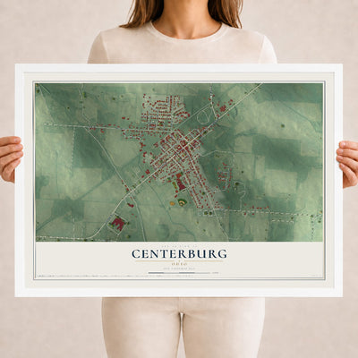 Map of Centerburg, Ohio, 18 x 24 inch print in a white wood frame