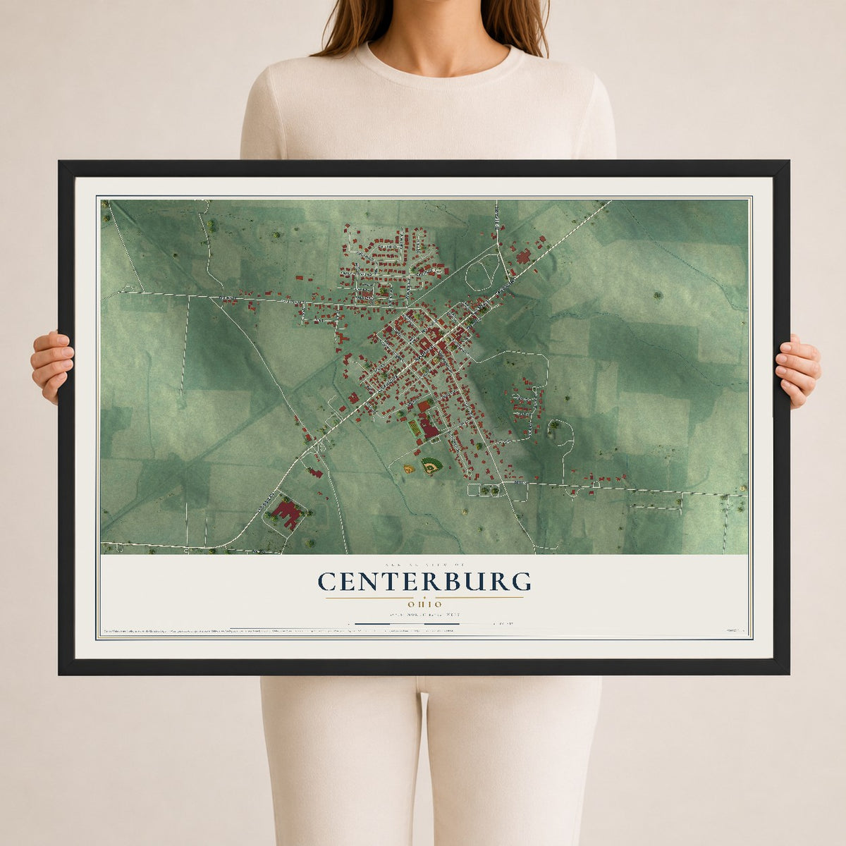 Map of Centerburg, Ohio, 24 x 36 inch print in a black wood frame