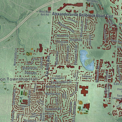 Close-up of the map of Centerville, Ohio print showing street and building detail