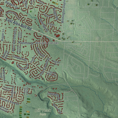 Second close-up of the map of Centerville, Ohio print showing more streets and buildings