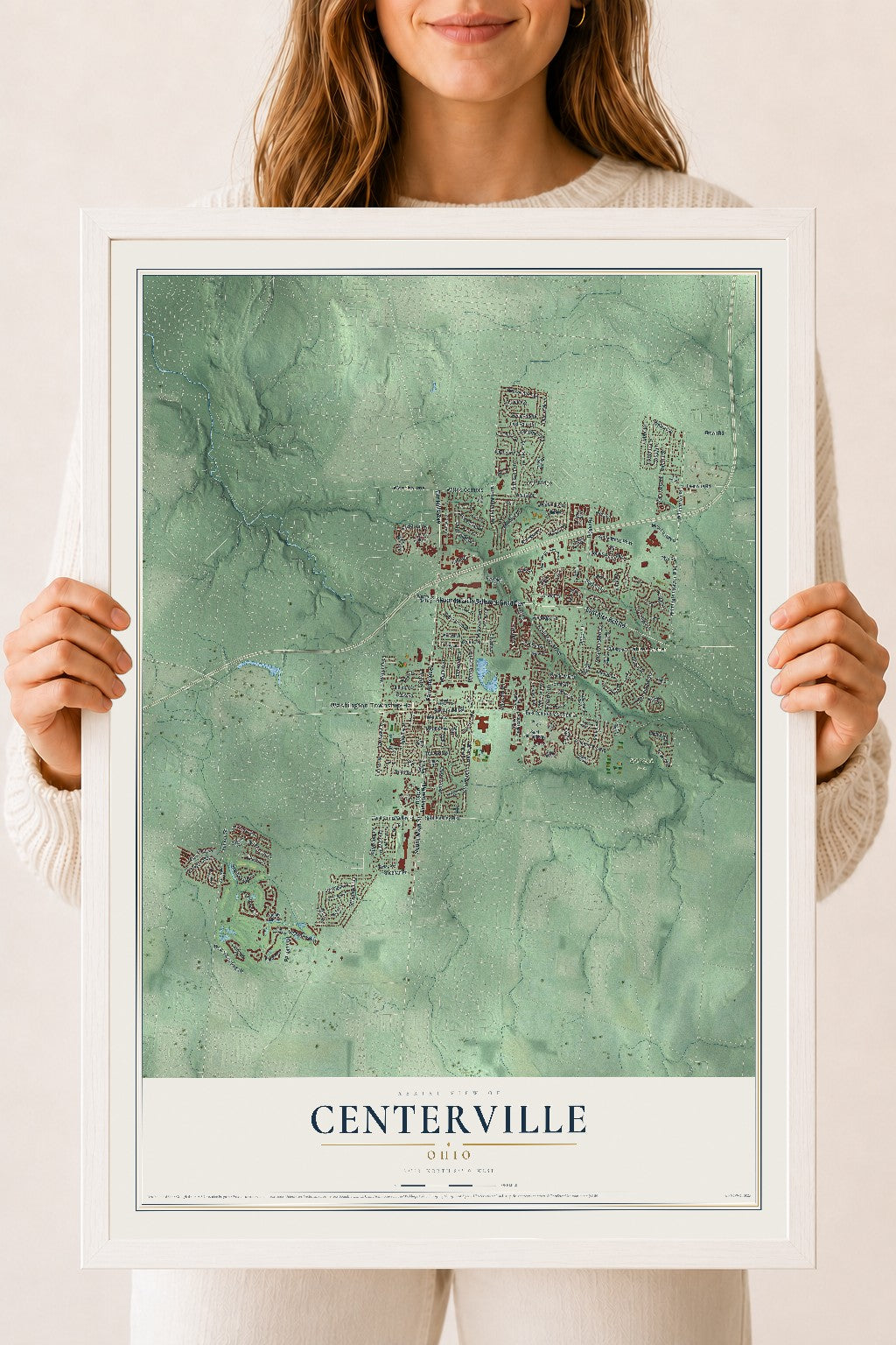 Map of Centerville, Ohio, 18 x 24 inch print in a white wood frame