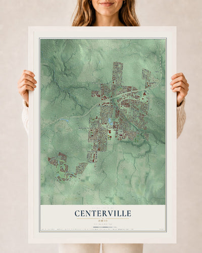 Map of Centerville, Ohio, 24 x 36 inch print in a white wood frame