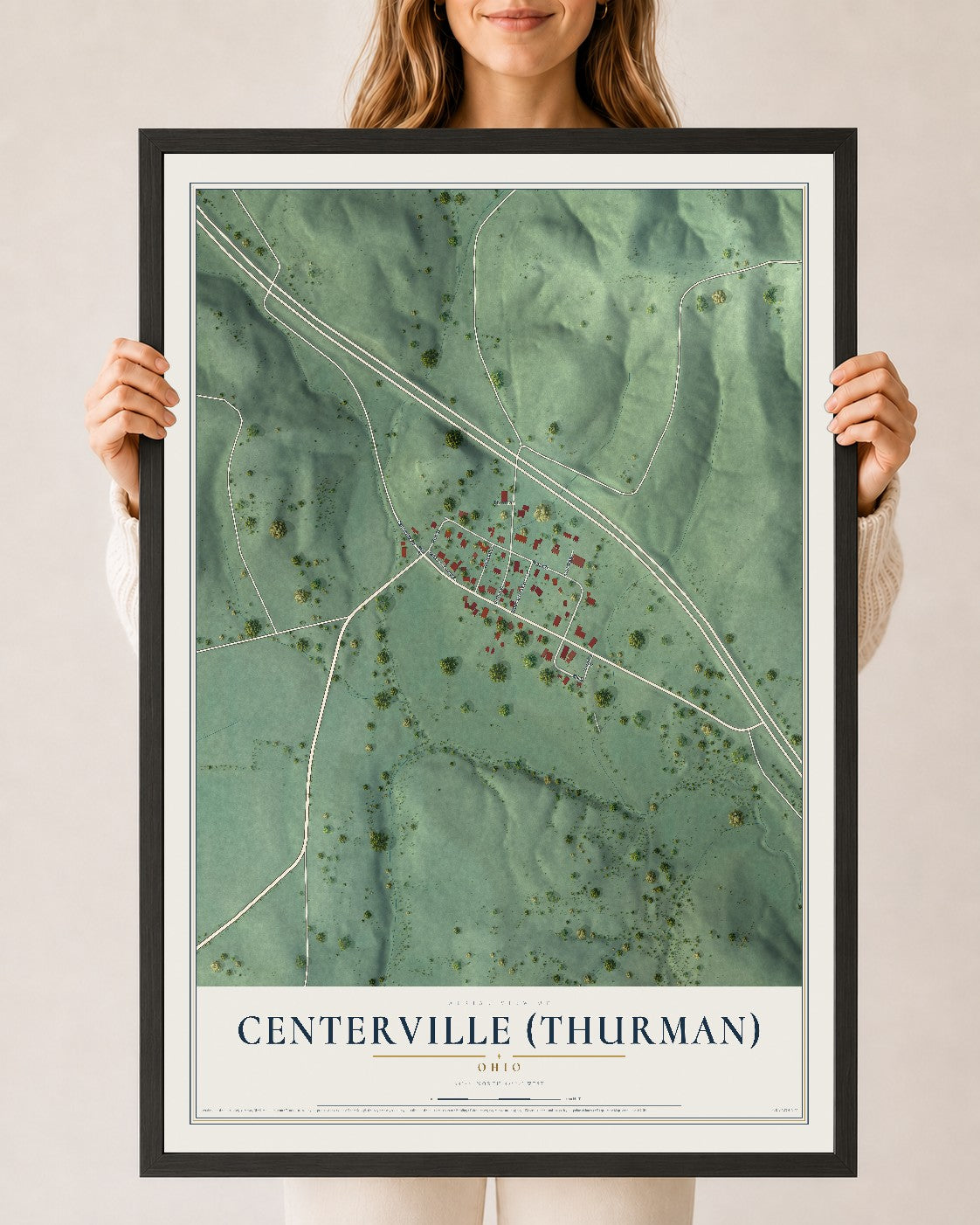 Map of Centerville (Thurman), Ohio, 24 x 36 inch print in a black wood frame