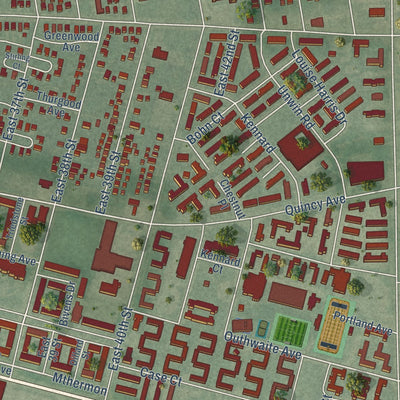 Close-up of the map of Central, Ohio print showing street and building detail