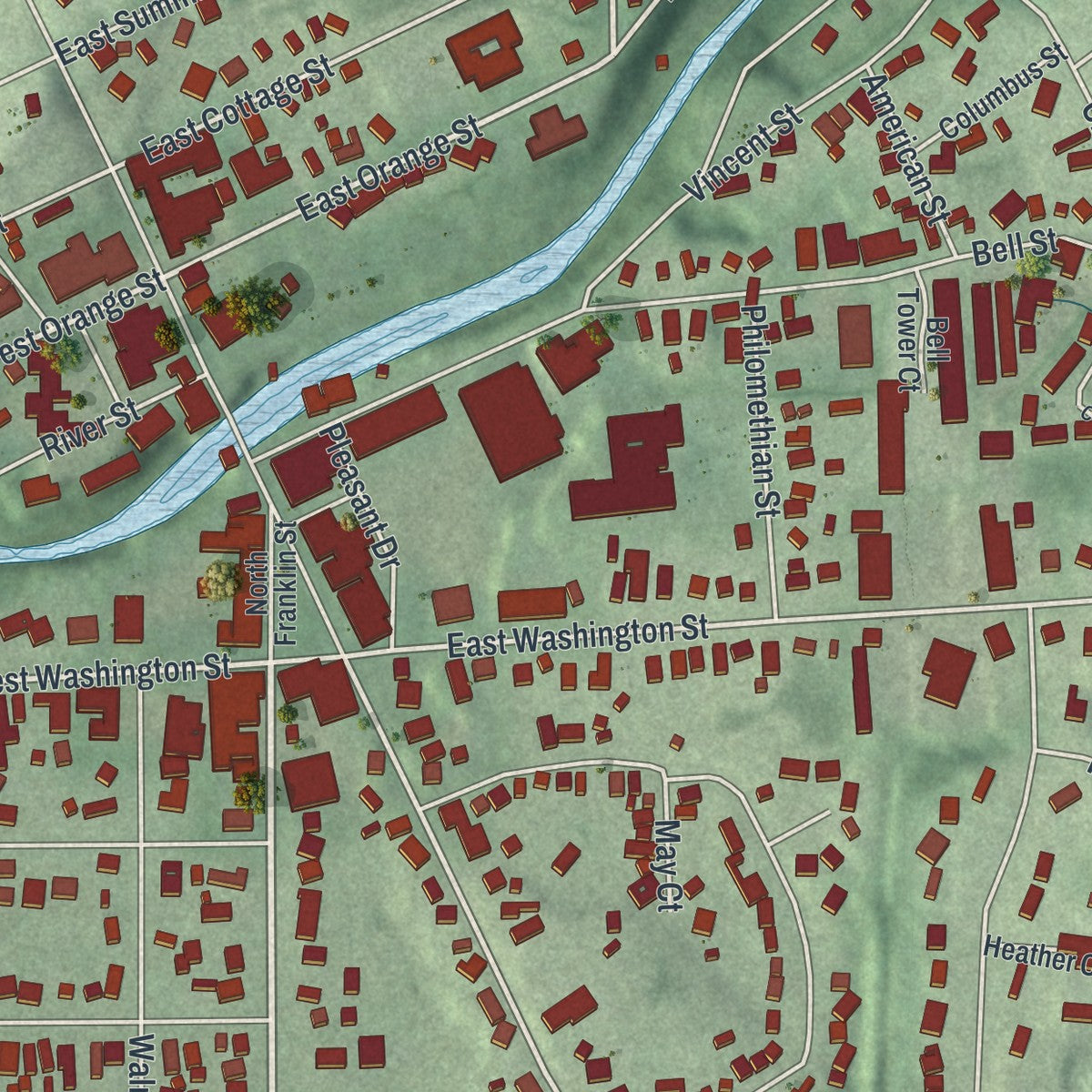 Close-up of the map of Chagrin Falls, Ohio print showing street and building detail