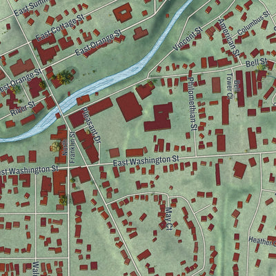 Close-up of the map of Chagrin Falls, Ohio print showing street and building detail
