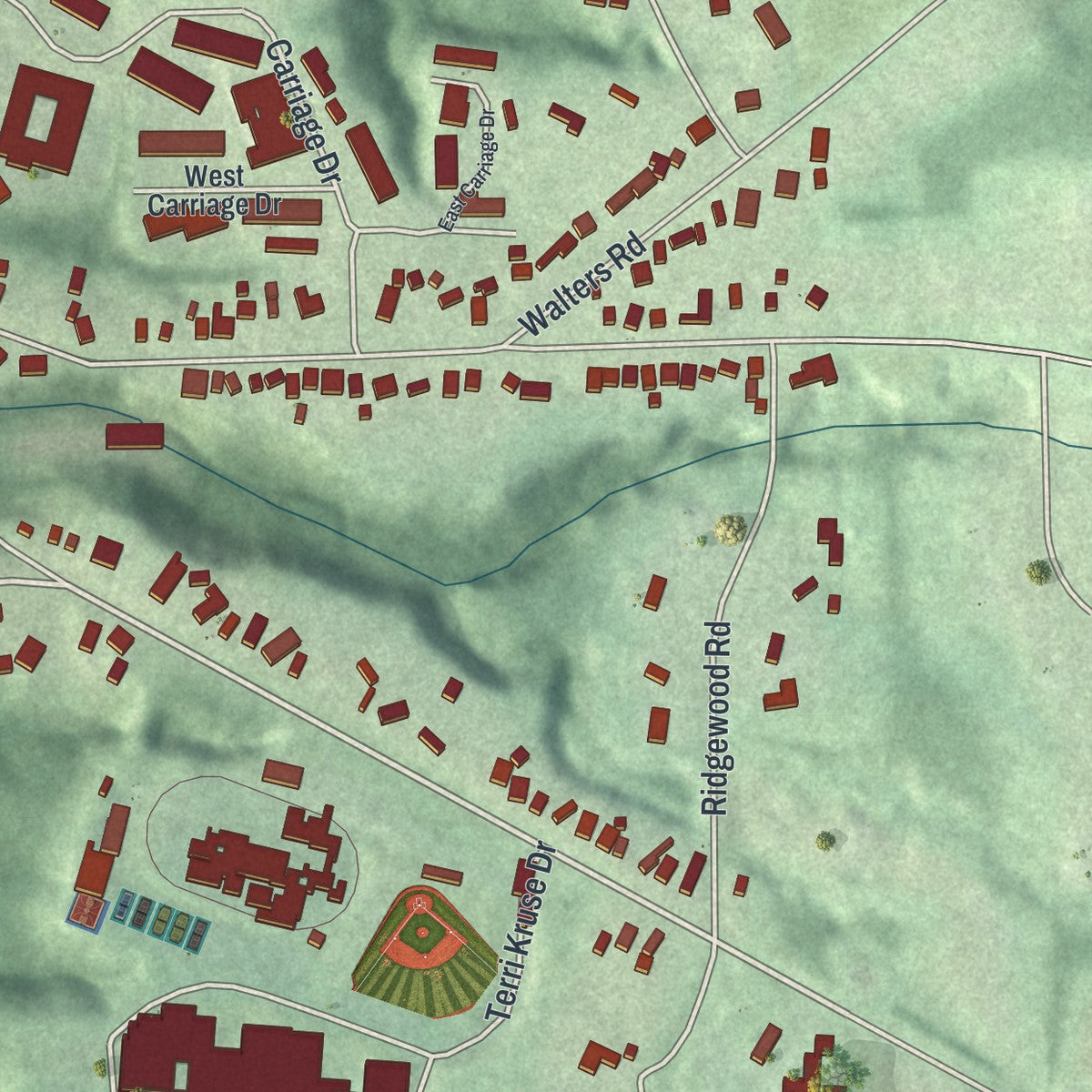 Second close-up of the map of Chagrin Falls, Ohio print showing more streets and buildings