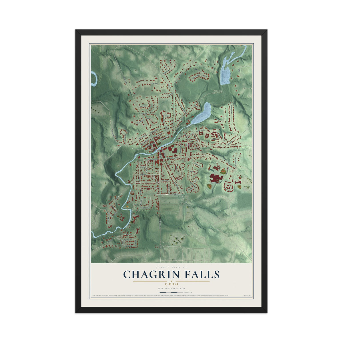 Map of Chagrin Falls, Ohio, 12 x 18 inch print in a black wood frame