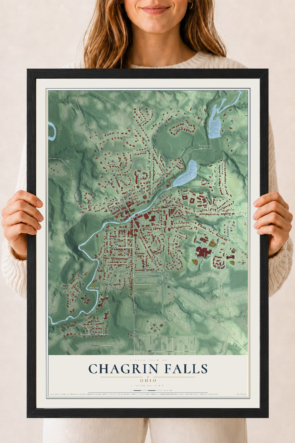 Map of Chagrin Falls, Ohio, 18 x 24 inch print in a black wood frame