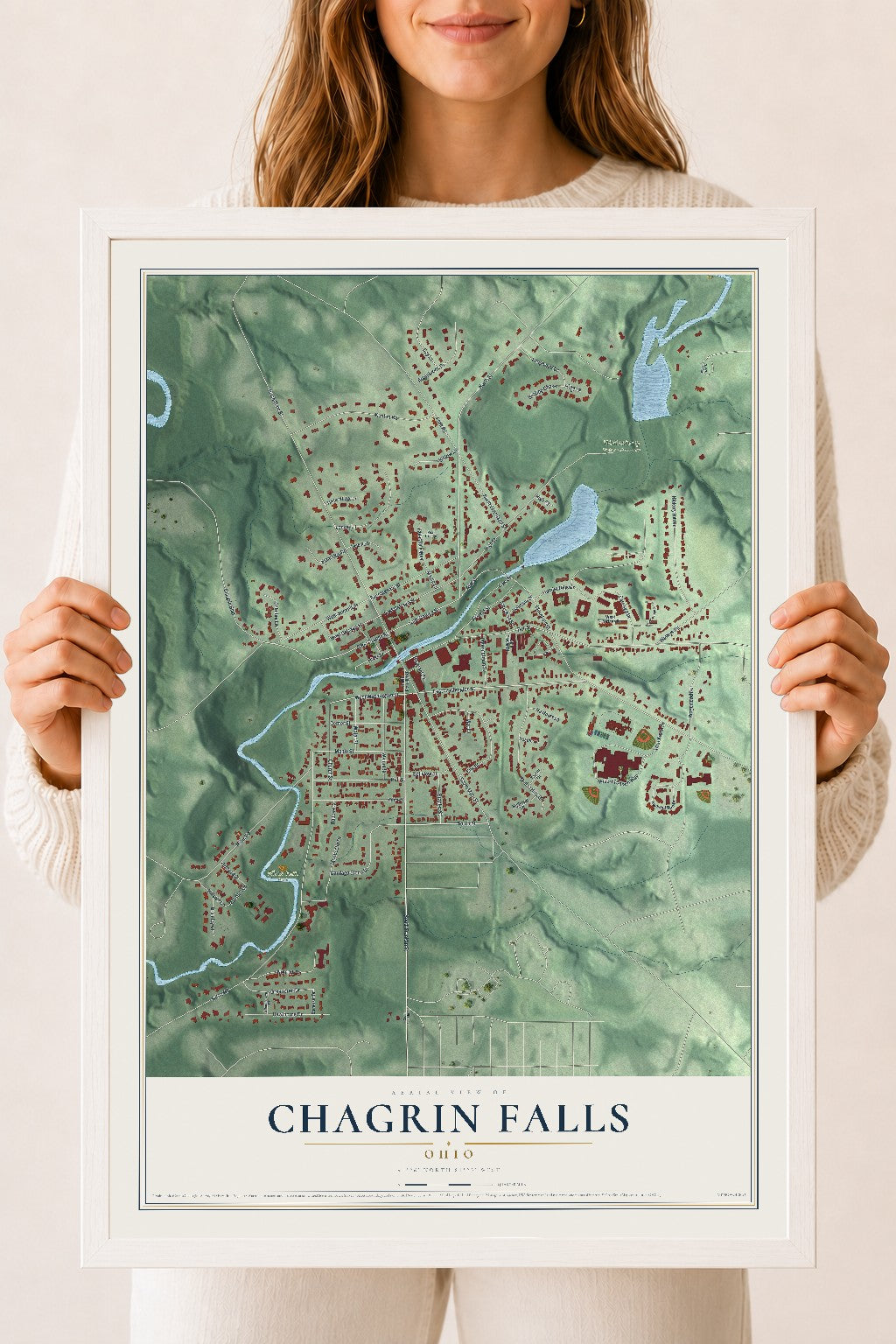 Map of Chagrin Falls, Ohio, 18 x 24 inch print in a white wood frame