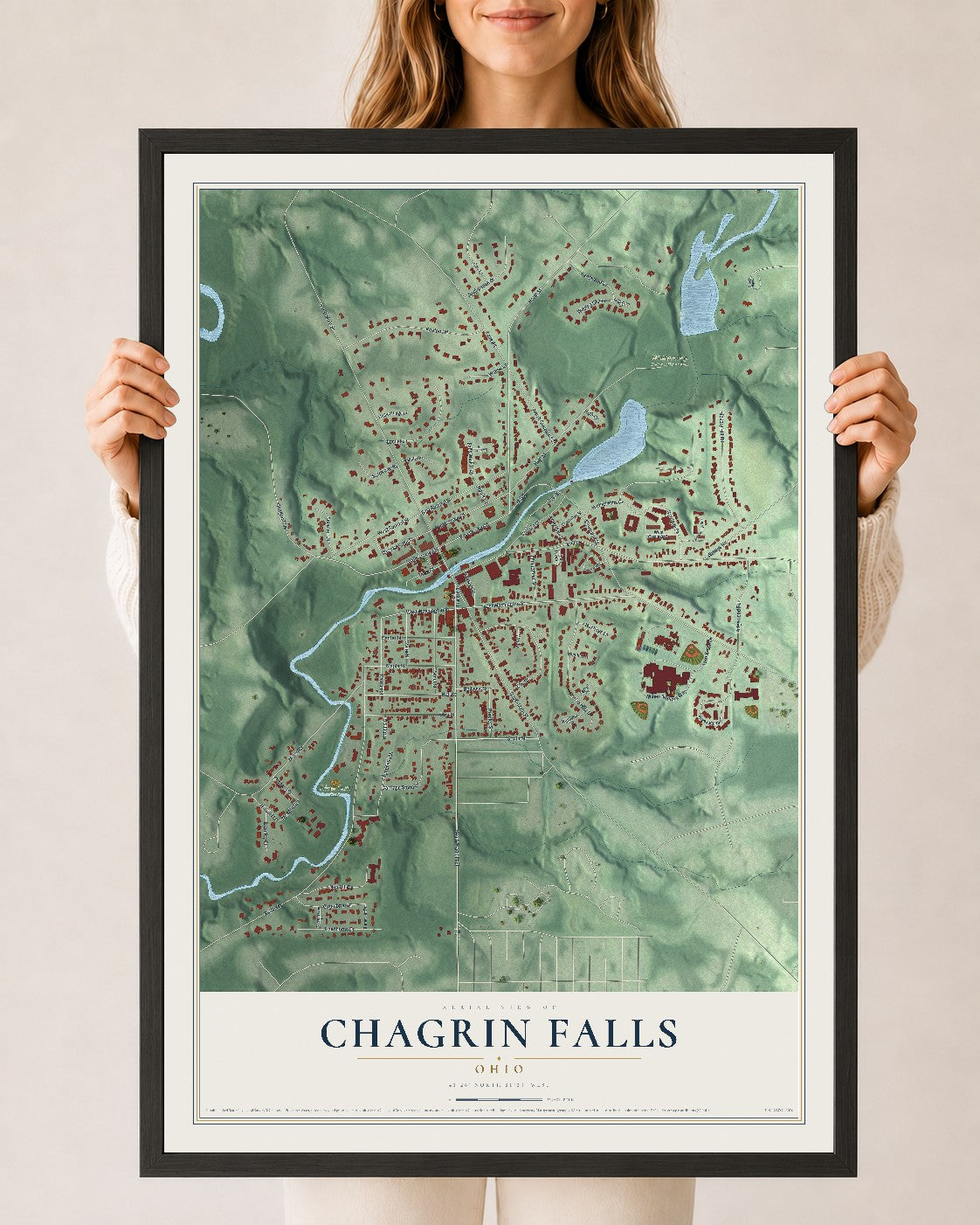 Map of Chagrin Falls, Ohio, 24 x 36 inch print in a black wood frame