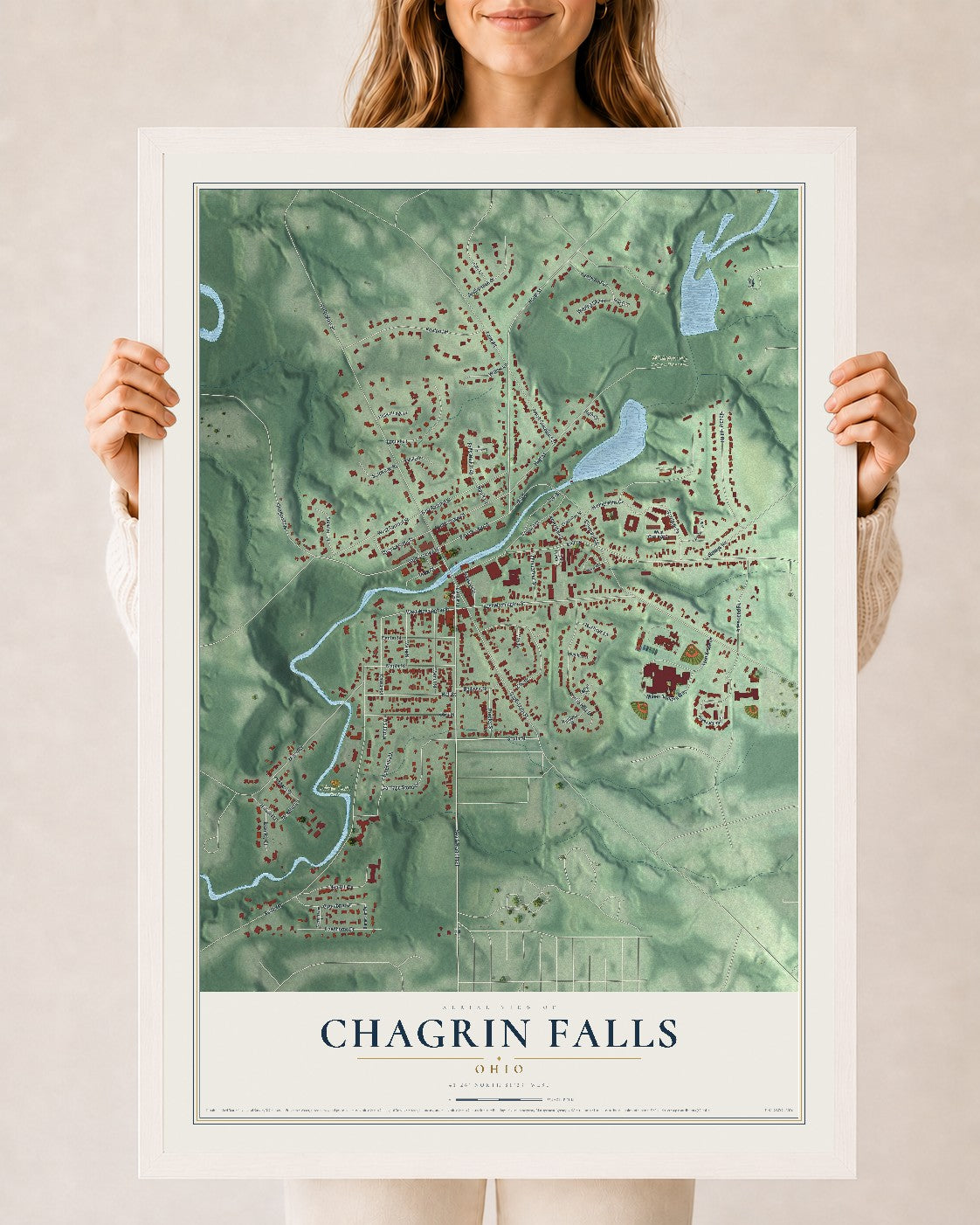 Map of Chagrin Falls, Ohio, 24 x 36 inch print in a white wood frame