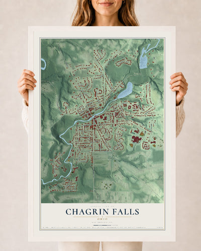 Map of Chagrin Falls, Ohio, 24 x 36 inch print in a white wood frame