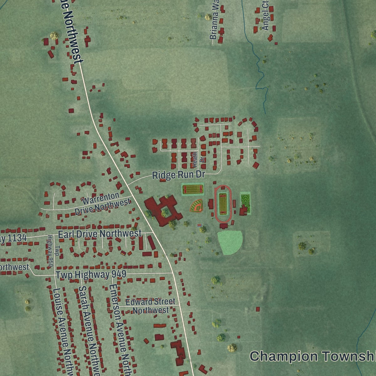 Second close-up of the map of Champion Heights, Ohio print showing more streets and buildings