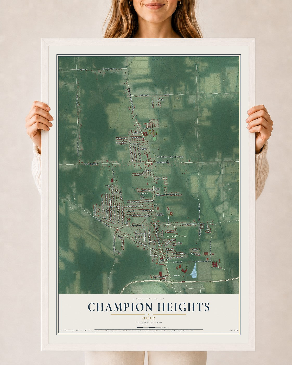 Map of Champion Heights, Ohio, 24 x 36 inch print in a white wood frame