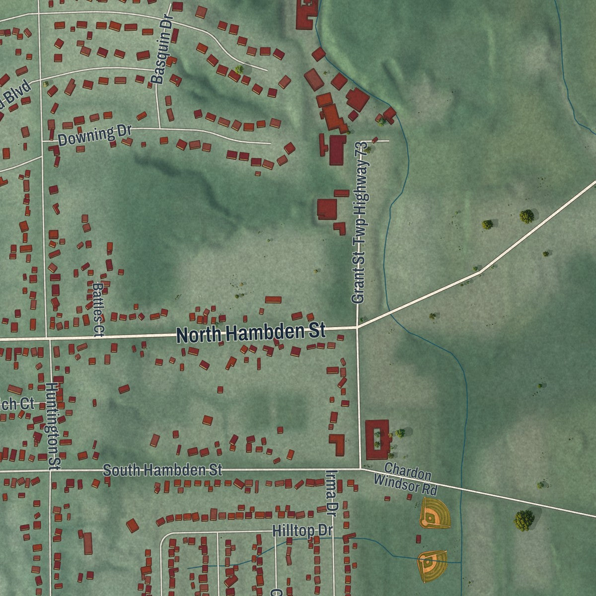 Second close-up of the map of Chardon, Ohio print showing more streets and buildings