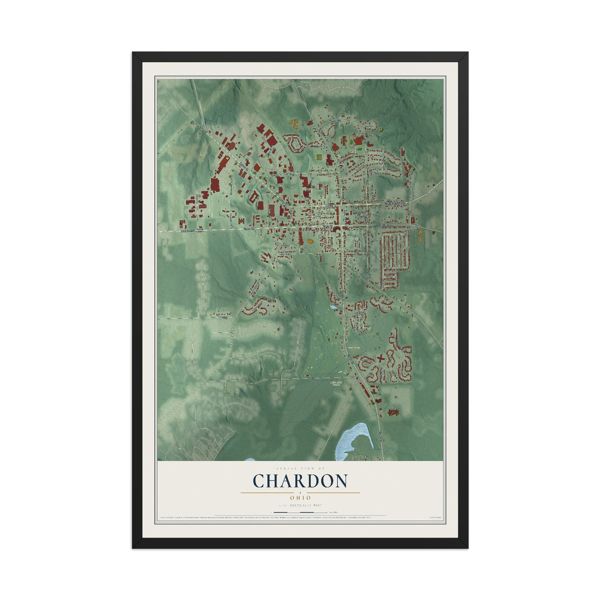 Map of Chardon, Ohio, 12 x 18 inch print in a black wood frame