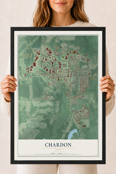 Map of Chardon, Ohio, 18 x 24 inch print in a black wood frame