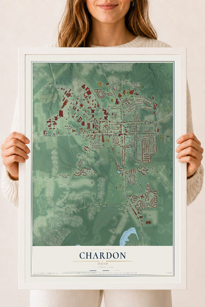 Map of Chardon, Ohio, 18 x 24 inch print in a white wood frame