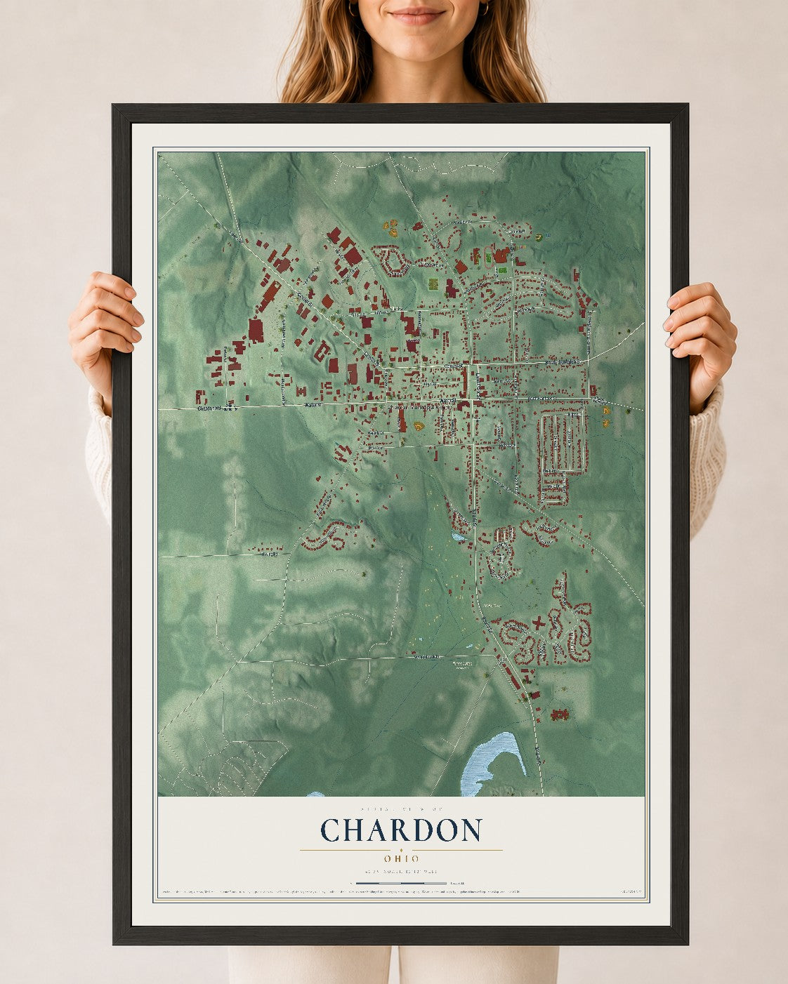 Map of Chardon, Ohio, 24 x 36 inch print in a black wood frame