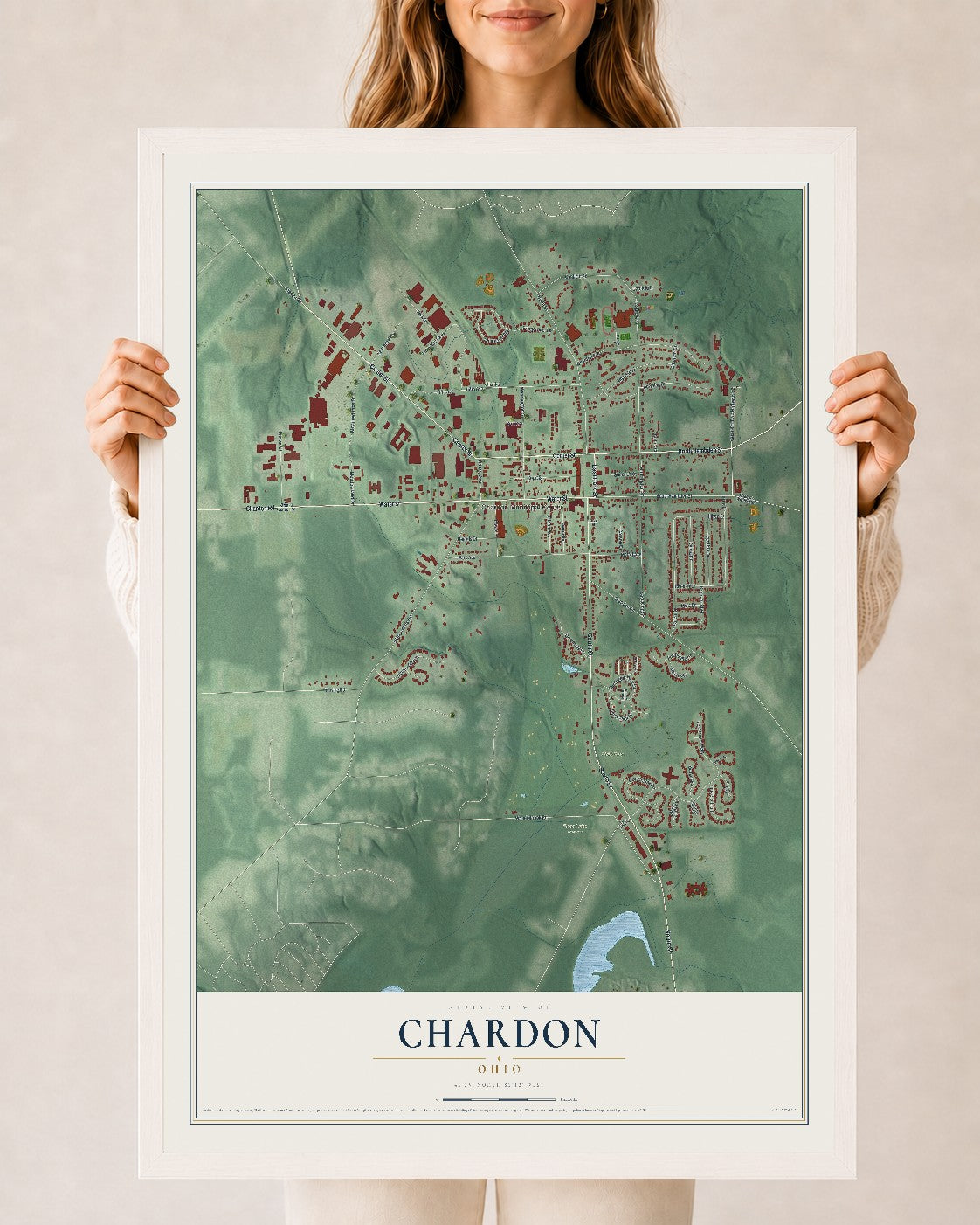 Map of Chardon, Ohio, 24 x 36 inch print in a white wood frame