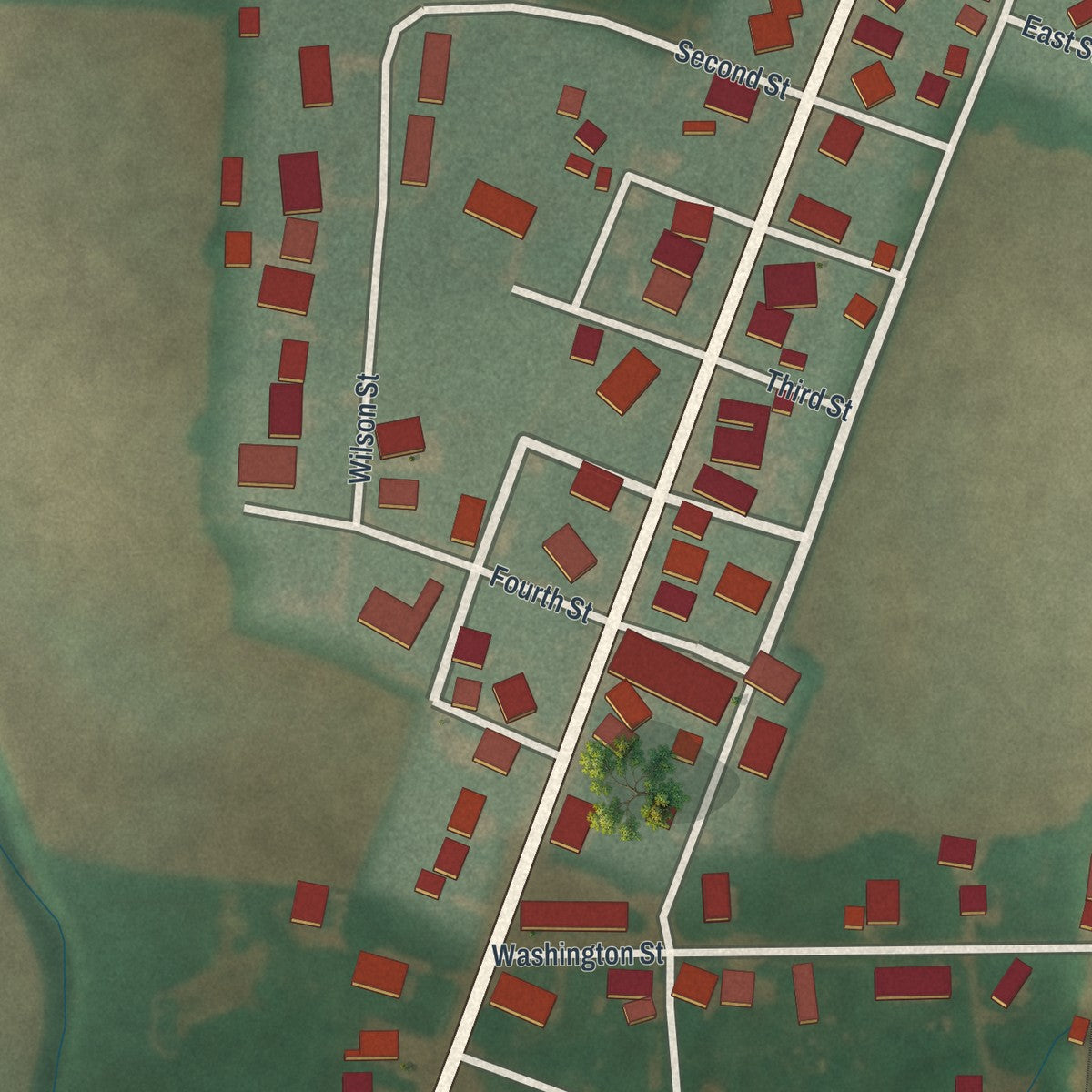 Close-up of the map of Chatfield, Ohio print showing street and building detail