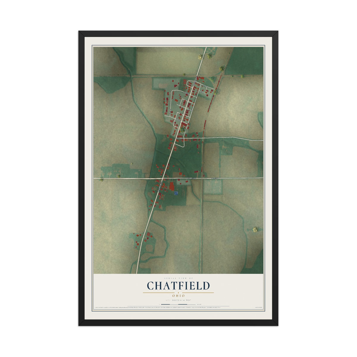 Map of Chatfield, Ohio, 12 x 18 inch print in a black wood frame