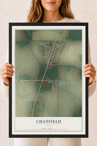 Map of Chatfield, Ohio, 18 x 24 inch print in a black wood frame