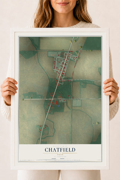 Map of Chatfield, Ohio, 18 x 24 inch print in a white wood frame