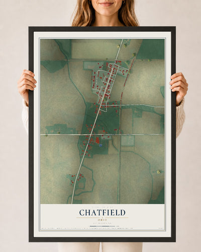 Map of Chatfield, Ohio, 24 x 36 inch print in a black wood frame