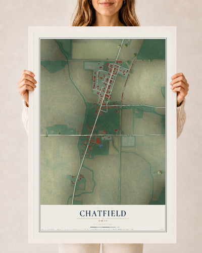 Map of Chatfield, Ohio, 24 x 36 inch print in a white wood frame